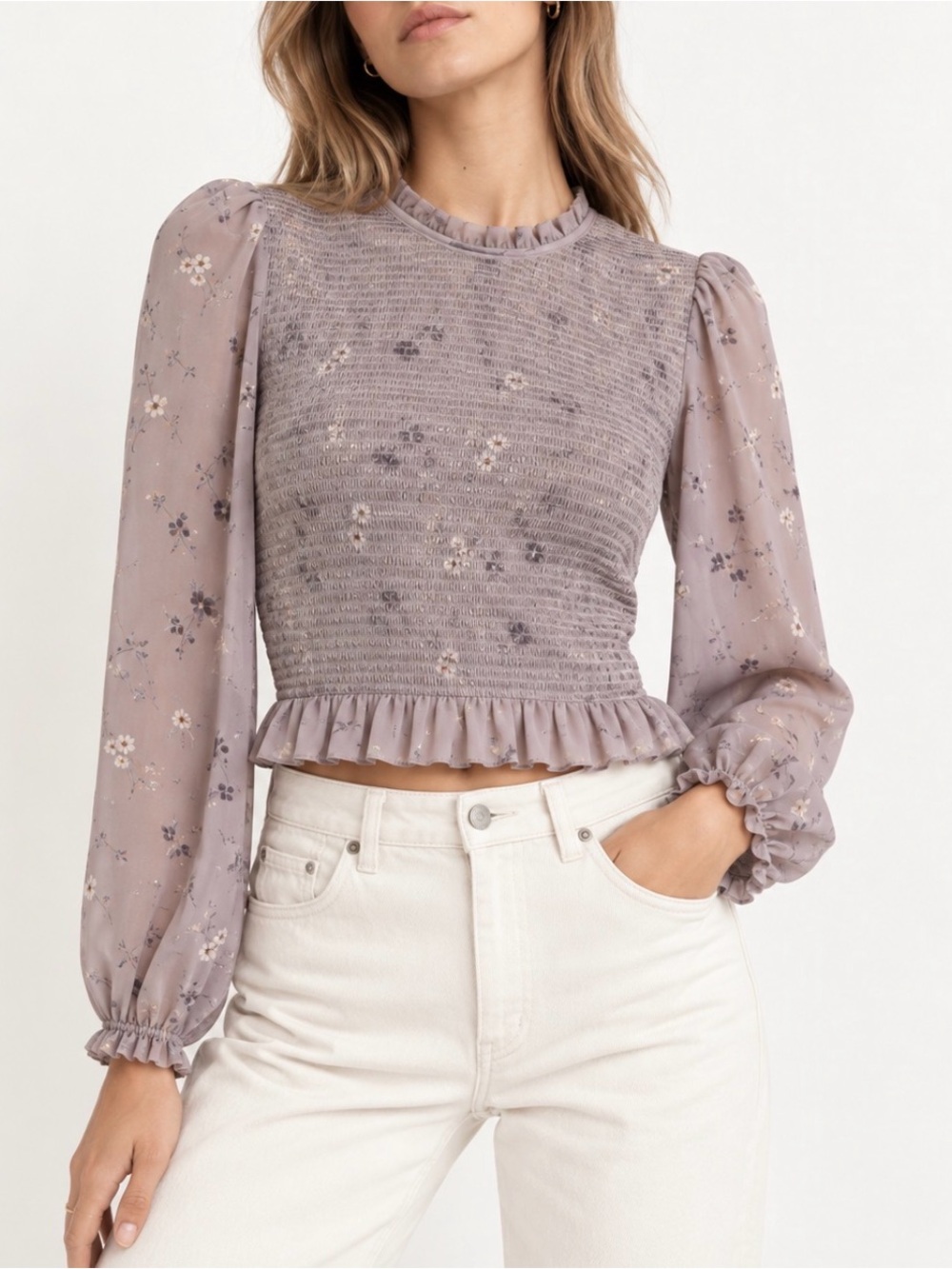 Aritzia Wilfred Tempest Blouse Smocked Floral Romantic Purple Women’s S